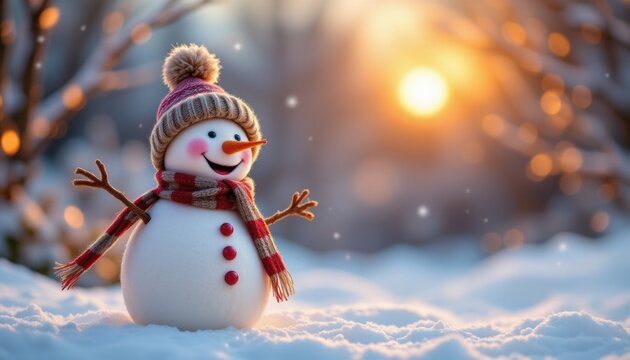 create a photo featuring a close up of a cute, funny snowman laughing in the foreground against a winter holiday christmas background banner