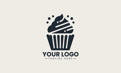 Cute cupcake with swirled frosting in striped paper liner vector logo design for dessert branding