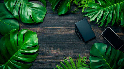 Dark Wooden Flatlay with Green Tropical Leaves and Mobile Office Essentials