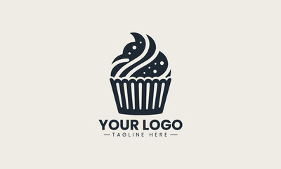 Cute cupcake with swirled frosting in striped paper liner vector logo design for dessert branding