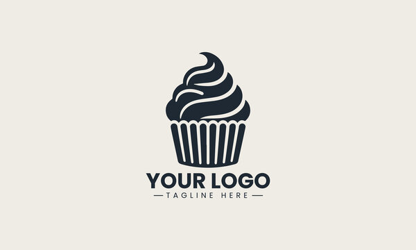Cute cupcake with swirled frosting in striped paper liner vector logo design for dessert branding