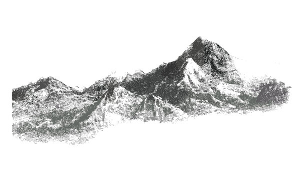 Retro halftone vector illustration of abstract mountain range, pointillist grunge texture with grainy noise, rocky hills, vintage photocopy, dotted landscape, textured vector art.