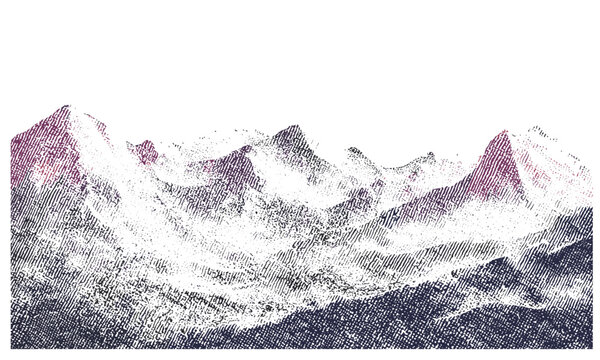 Abstract dotted mountain range, pointillist grunge texture, vintage photocopy of rocky hills with grainy noise, retro halftone vector illustration, rough texture landscape, scenic vector art.