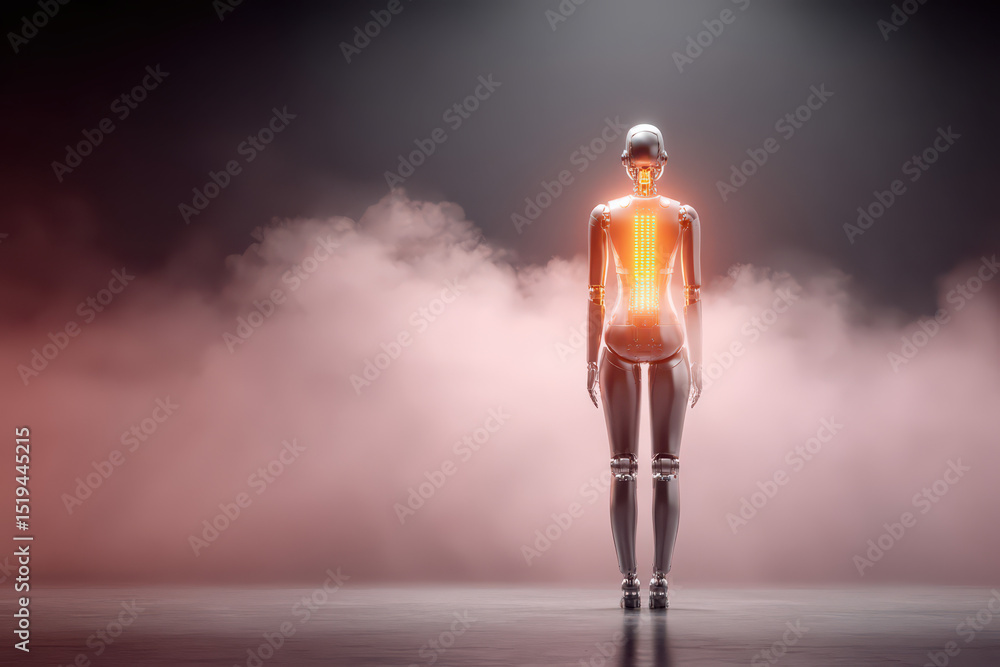 Poster technological essence: a futuristic, sleek robotic figure stands in a hazy environment, with a glowi