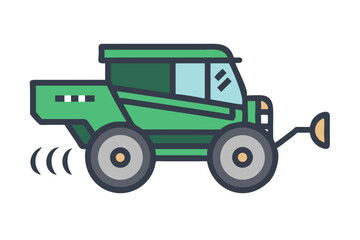 Modern green tractor moving across a farm field during a sunny day in the countryside