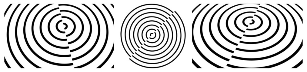 Circular black and white pattern cut in half and offset. Abstract striped background. Cover design template. Vector illustration for brochure, poster, presentation, flyer or banner.