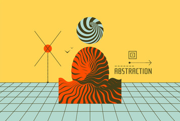 Artistic composition of virtual space model with abstract figures. Optical art. 3d vector illustration for brochure, poster, presentation, flyer or banner.