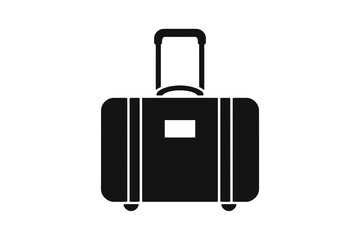 Icono de una maleta de viaje parea vacaciones con asa, ruedas y etiqueta negra sobre fondo blanco