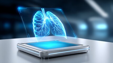 Technology AI checks health check results, Futuristic AI Health Checkup Technology Displaying Holographic Human Lungs on Digital Platform,3D rendering