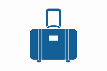 Icono de una maleta de viaje parea vacaciones con asa, ruedas y etiqueta azul sobre fondo blanco