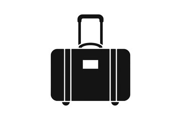 Icono de una maleta de viaje parea vacaciones con asa, ruedas y etiqueta negra sobre fondo blanco