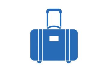 Icono de una maleta de viaje parea vacaciones con asa, ruedas y etiqueta azul sobre fondo blanco
