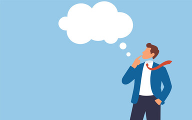 Young businessman in a with a speech bubble cloud above her head, illustrating communication and success concept