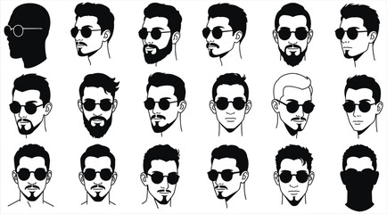 Vector illustration of diverse men's faces with various beard styles and sunglasses, ideal for barbershop, grooming, fashion, and character design related graphic projects.