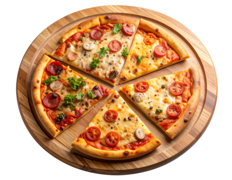 Assorted Pizza Slices Arranged in Semi-Circle on Wooden Board, Rustic Style, Isolated on Transparent Background