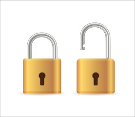 Gold padlocks set. Golden closed and open padlock isolated. Chrome locks template.Vector