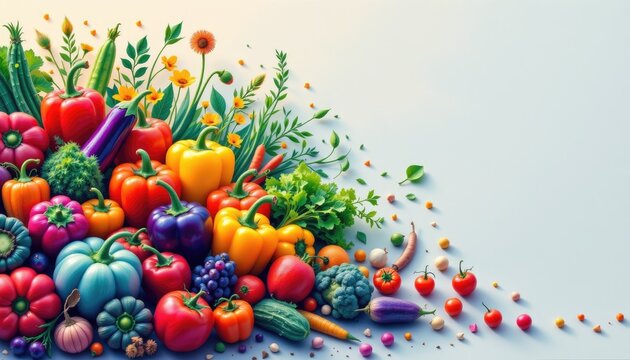 imagine a mesmerizing art piece that celebrates the vibrant world of vegetables in all their glorious hues, symbolizing good health and vitality