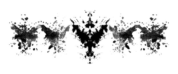 Grunge punk design, Rorschach inkblot test with halftone texture, abstract ink stains, geometric glitch shapes, distressed halftone dither dot print, vector illustration. © aura studio