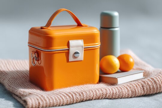Bright orange lunchbox complements sleek thermos, showcasing mea