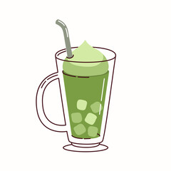 Matcha Ice Latte with straw and Whipped Cream in a Clear Glass with handle, icon, isolated on the white background