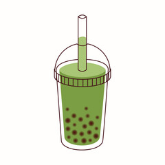 Matcha Latte with Whipped Cream and tapioca in a Clear Plastic cup with straw, icon, isolated on the white background