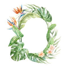 Tropical frame with monstera, palm, banana leaves, strelitzia and plumeria flowers. Hand drawn watercolor illustration isolated. For postcards, invitations, summer banners, covers, labels.