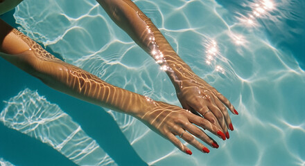 Woman's hands with red nails submerged in turquoise water.