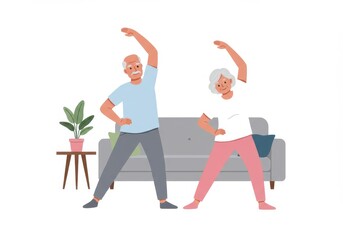 Illustration of Elderly couple exercising isolated on white background, illustrations of senior man and woman doing stretching exercise at home