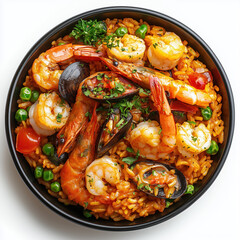 Fototapeta premium Delicious Seafood Paella: Vibrant Spanish Cuisine, Perfect for Restaurant Menus & Food Blogs