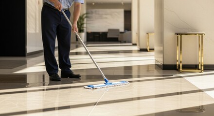 Fototapeta premium Janitor Cleaning a Shiny Floor in a Modern Building with Sunlight