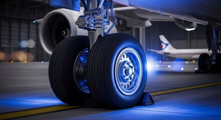 Close up view of a large airplane front landing gear and wheels in a hangar at night