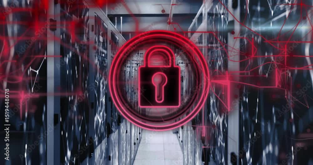 Poster on detecting data activity, red padlock icon glowing over server aisle showing security monitoring