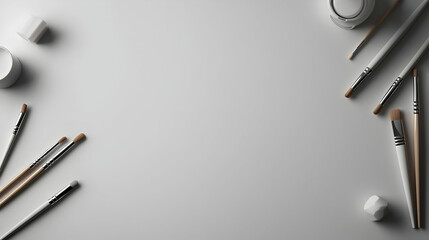 Studio Workspace With Paintbrushes And Art Supplies On White Surface