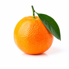 Single fresh orange with green leaf on white background