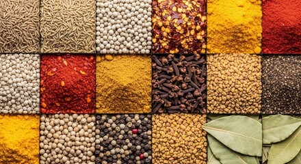 Vibrant Assortment of Aromatic Spices and Herbs in a Grid Pattern Top Down View