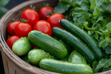 Freshly harvested vegetables in a rustic wooden basket