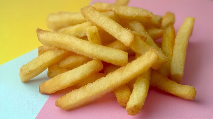 Pile Of Crispy Golden French Fries On Colorful Background