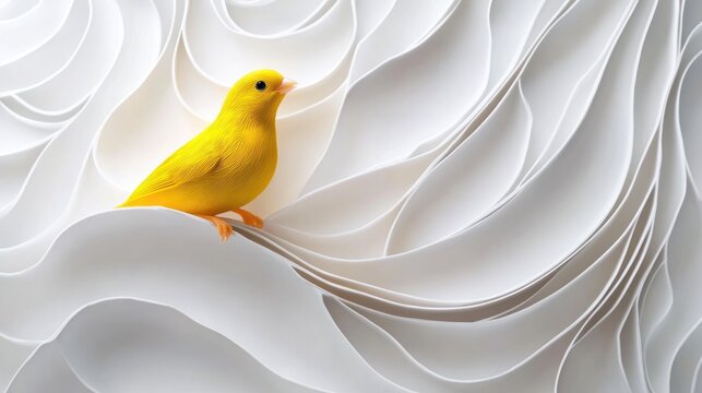 A vibrant yellow canary rests atop a sculpted, flowing white landscape of layered, curved forms creating a striking contrast of color and texture