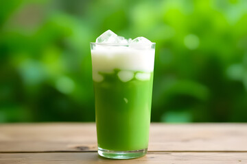 Iced green tea with milk on top in a glass with ice