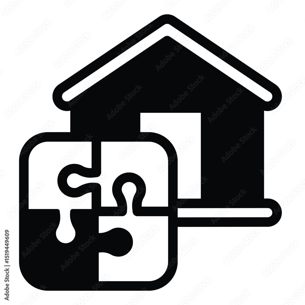 Poster house and puzzle solid icon, remote work concept. vector graphics. cottage building with puzzle piec