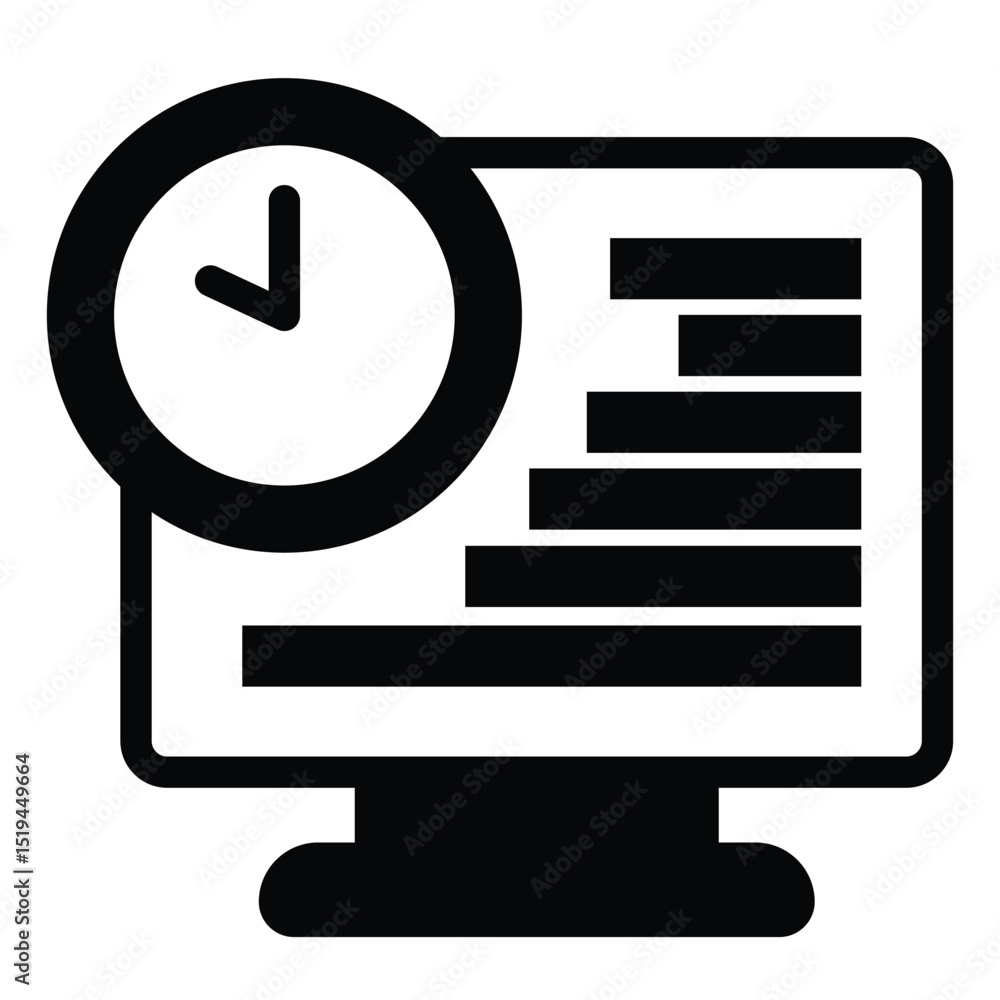 Poster monitor apps with chart and clock solid icon, remote work concept. vector graphics. market job, task