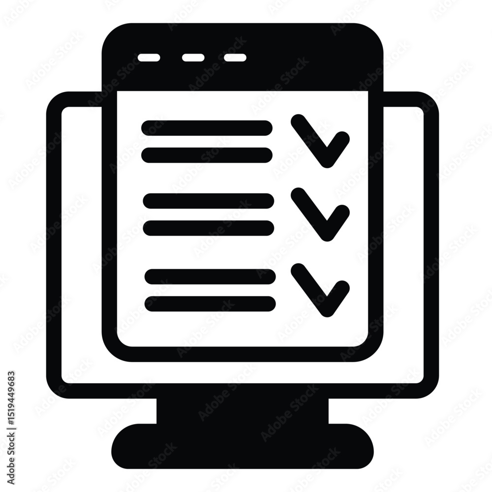 Poster monitor screen with checklist window solid icon, remote work concept. vector graphics. display and t