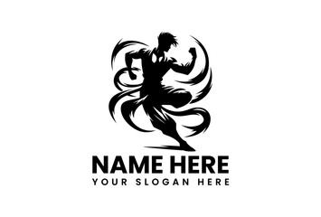 Dynamic kung fu stencil vector logo featuring martial artist in powerful mid-air kicking pose