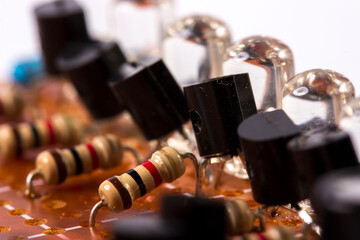 led, transistor, circuit board with soldered radio components, resistors, , diodes, inductors and...