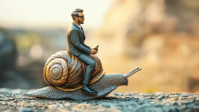 A man in a suit rides a giant snail in a whimsical scene.