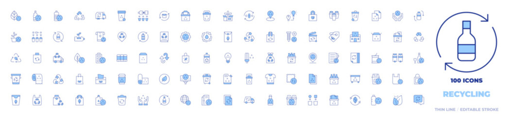 100 Recycling Icons Collection. Line Duotone style, editable stroke. eco, recycle bin, recycling truck, recycling, placeholder, recycle, recyclable, reusable, recycling bin, recycled, trash