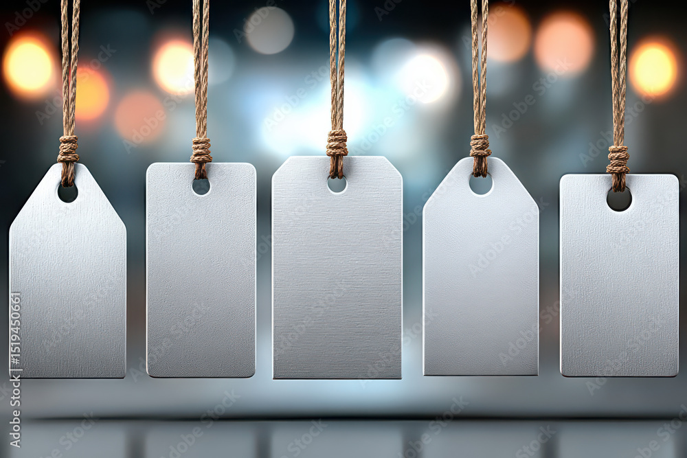 Poster blank tags on string: a line of blank tags hang suspended, their smooth surfaces gleaming against a 