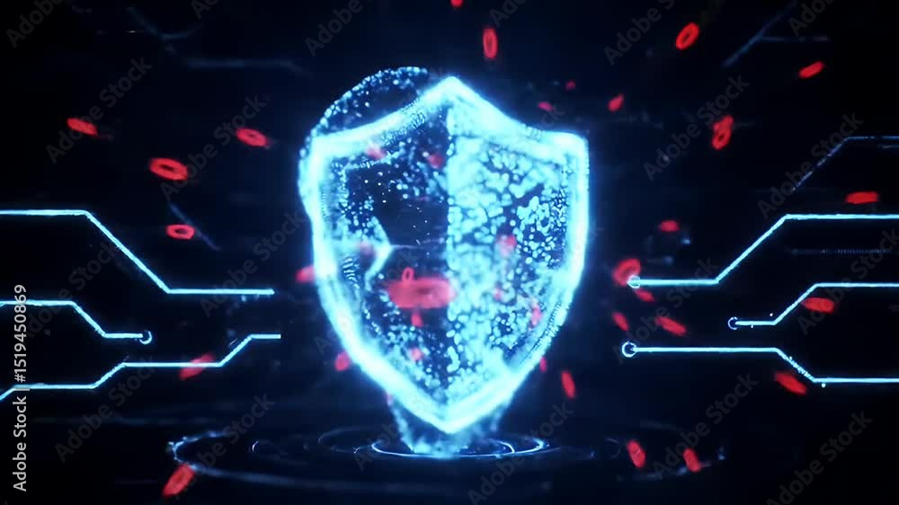 Poster digital shield animation with glowing particles