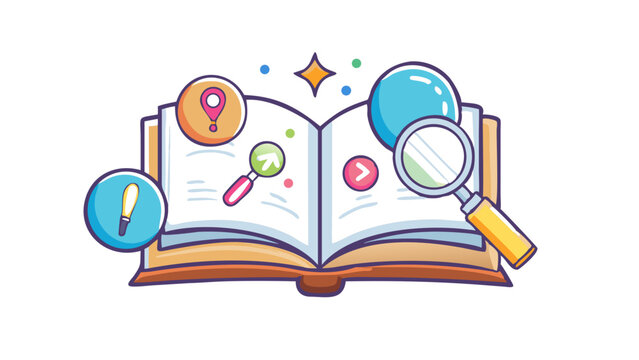 Open book with search icons and tools illustrating learning and discovery in a digital world