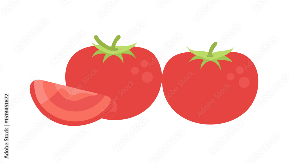 Poster fresh tomatoes and a slice showcasing vibrant red color and green stems in a simple design on a whit